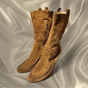 Italian Suede Mid-Calf Boots | Plush Tobacco Brown |‎ Minimal Block Heel 9.5